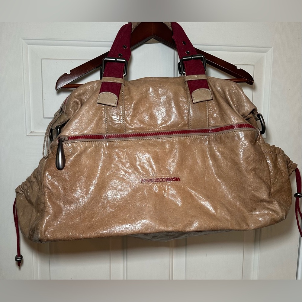 Vtg Francesco Biasia Large Tan & Burgundy Overnight Duffle Bag Heavy Hardware.